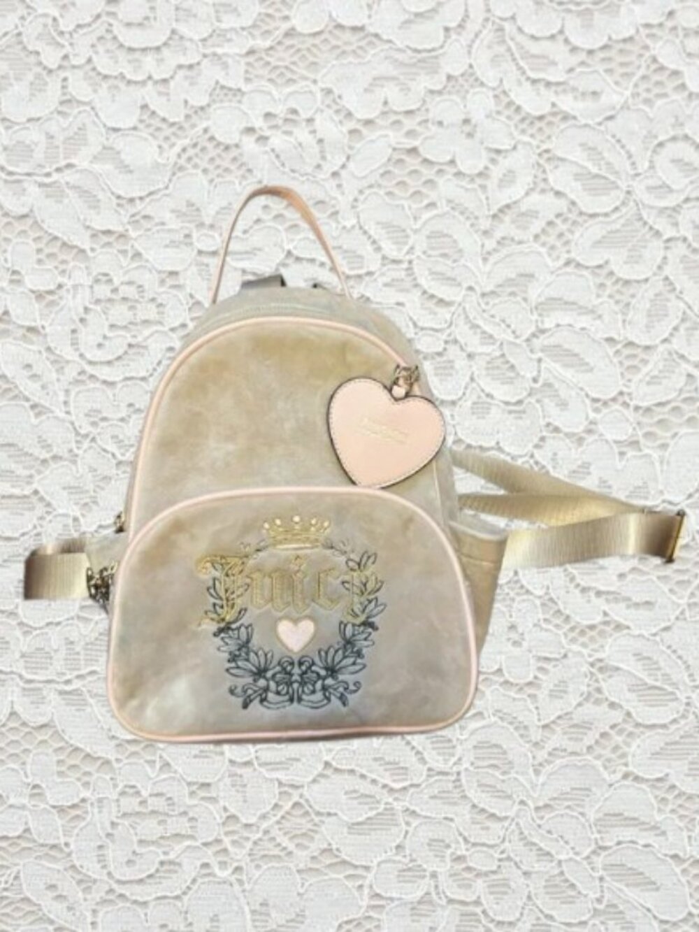 Y2K Juicy Couture Pale Tan Gold Mini Backpack with Pink Trim